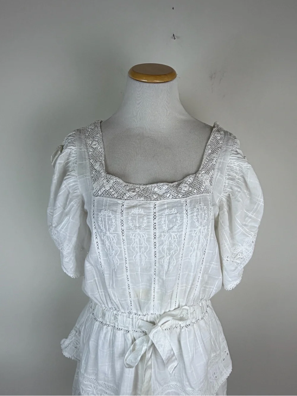 LOVESHACKFANCY Dorothy Dress White Lace Embroidered Bows Size M